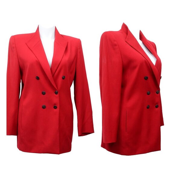 VTG 80s Dana Buchman Red Wool Double Breasted Blazer Jacket Plus Size 14 - Picture 1 of 14
